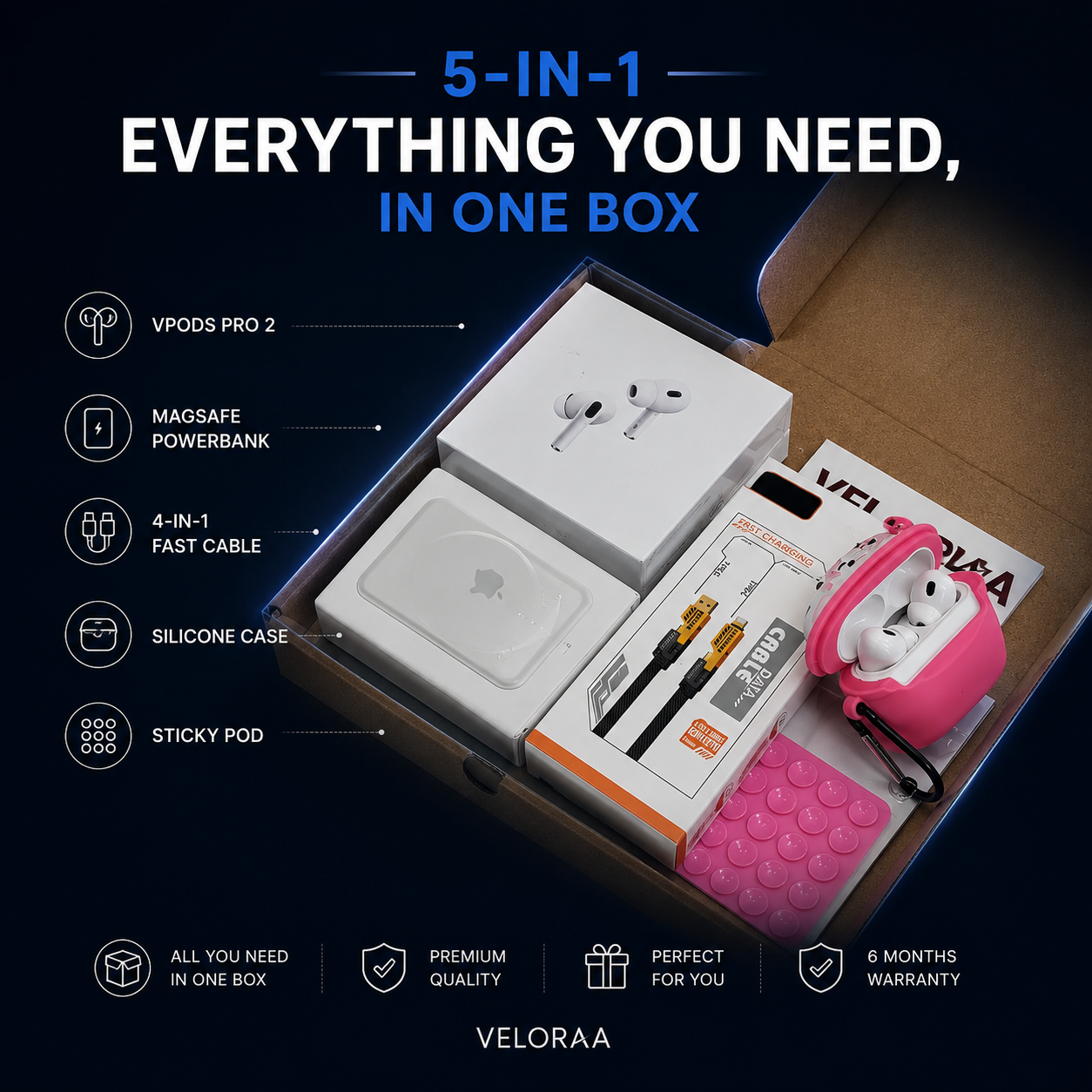 Ultimate Combo | VPods Pro 2 (2nd Gen) ANC + MagSafe 10000mAh Powerbank + 4-in-1 Fast Charging Cable + Silicone Case + Sticky Pod